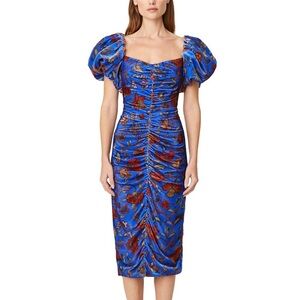 Rhode- NWT Blue Floral Velvet Puff Capsleeve Midi Tessa Cocktail Dress